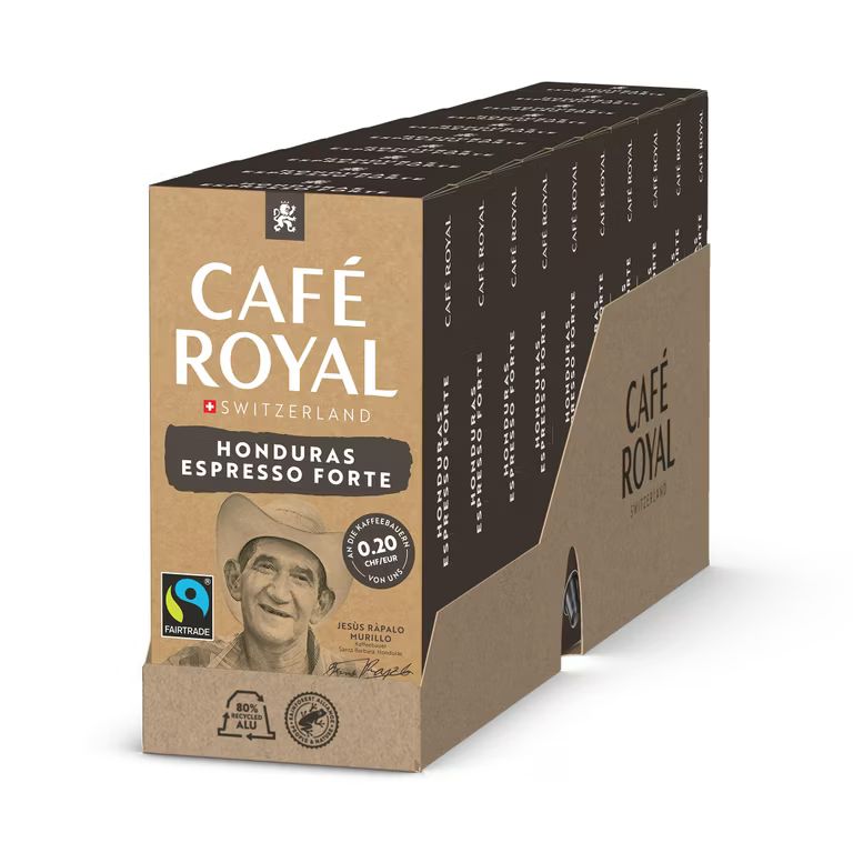 Imagen relacionada con Café Royal, Honduras Espresso Forte, 100 cápsulas compatibles con Fairtrade Nespresso (R), 80% aluminio reciclado, certificado Fairtrade