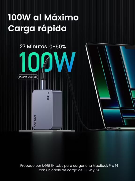 Imagen relacionada con UGREEN Nexode Pro 100W Cargador USB C Carga Rápida GAN Adaptador 3 Puertos PD 3.0 PPS 45W