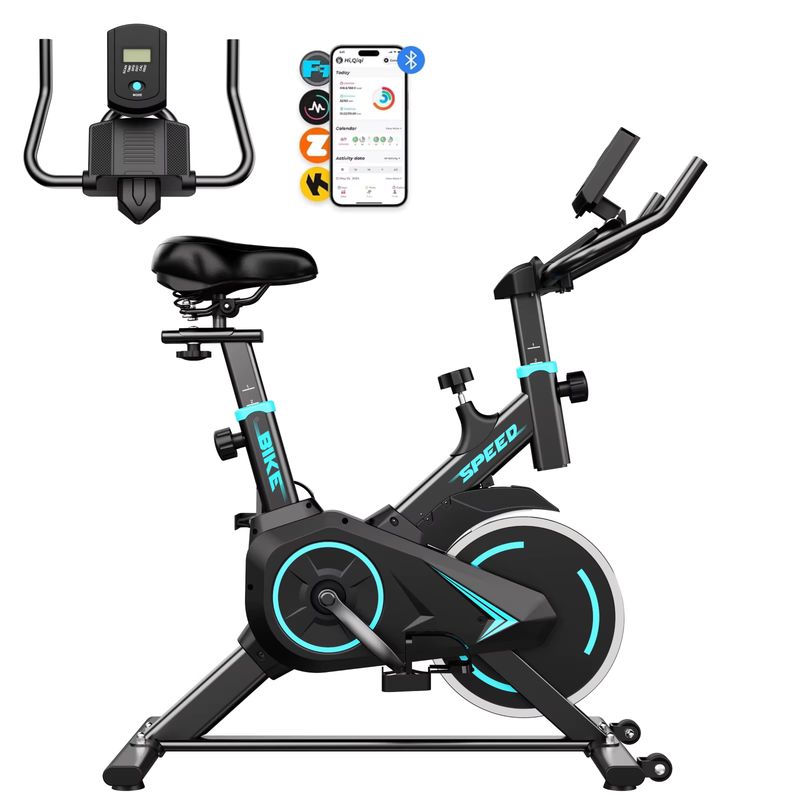 Imagen relacionada con Bicicleta de Ejercicio Estática para Interiores, Resistencia Ajustable, Ultra Silenciosa, Conexión a APP Inteligente, Pantalla LCD, Monitor de Ritmo Cardíaco Opcional, Carga Máxima 120KG, Bicicleta de Fitness para Gimnasio en Casa