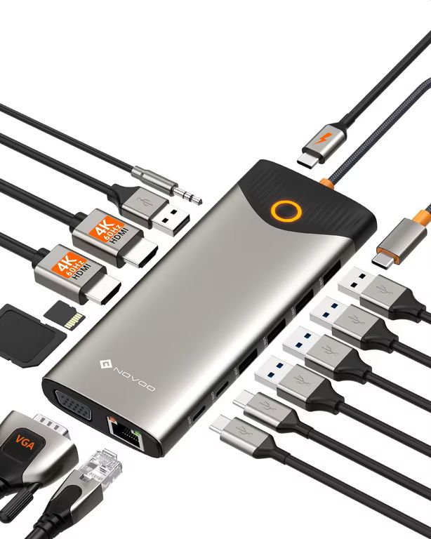 Imagen relacionada con NOVOO Estación de Acoplamiento USB C, 15 en 1 Hub USB C con Adaptador HDMI Dual 4K@60Hz, Puertos USB C/A, 100W PD, RJ45, SD/TF y Audio