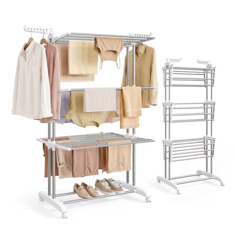 Imagen relacionada con SONGMICS Tendedero Plegable de 4 Niveles, con Ruedas, Alas Plegables, 126,6 x 64,2 x 169,2 cm