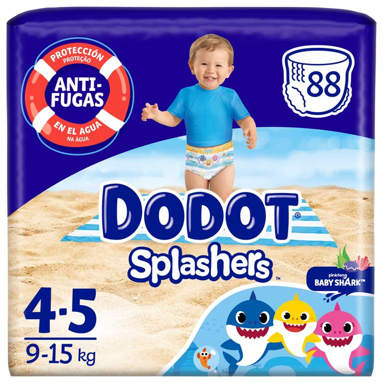 Imagen relacionada con 70% en segunda unidad + cupon 10€ - DODOT Splashers Baby Shark Talla 4, 88 Pañales. Comprando 2 con CR sale a 0,29 el pañal