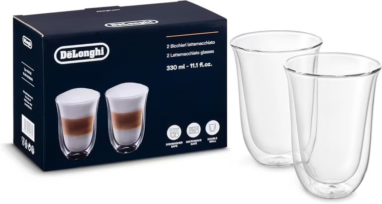 Imagen relacionada con Juego de 2 vasos premium para café latte macchiato De'Longhi, aptos para lavavajillas, vidrio templado de doble pared,, 330 ml.
