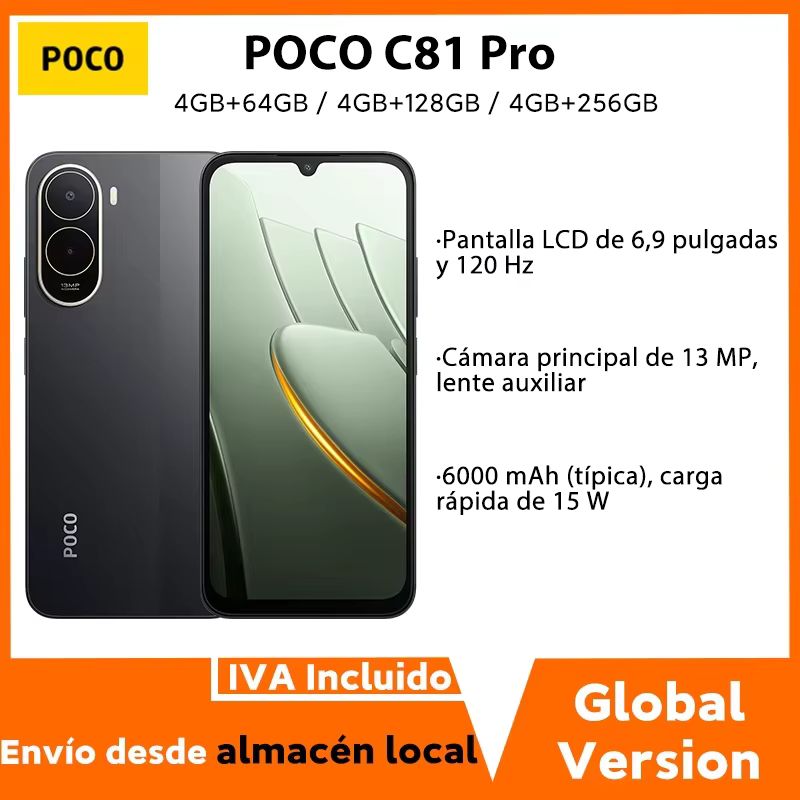 Imagen relacionada con Versión Global del Teléfono Inteligente POCO C81 Pro, Batería de 6000 mAh (típica), Carga de 15 W, Pantalla LCD de 6.9 Pulgadas y 120 Hz, Cámara de 13 MP, NFC, Teléfono Móvil POCO