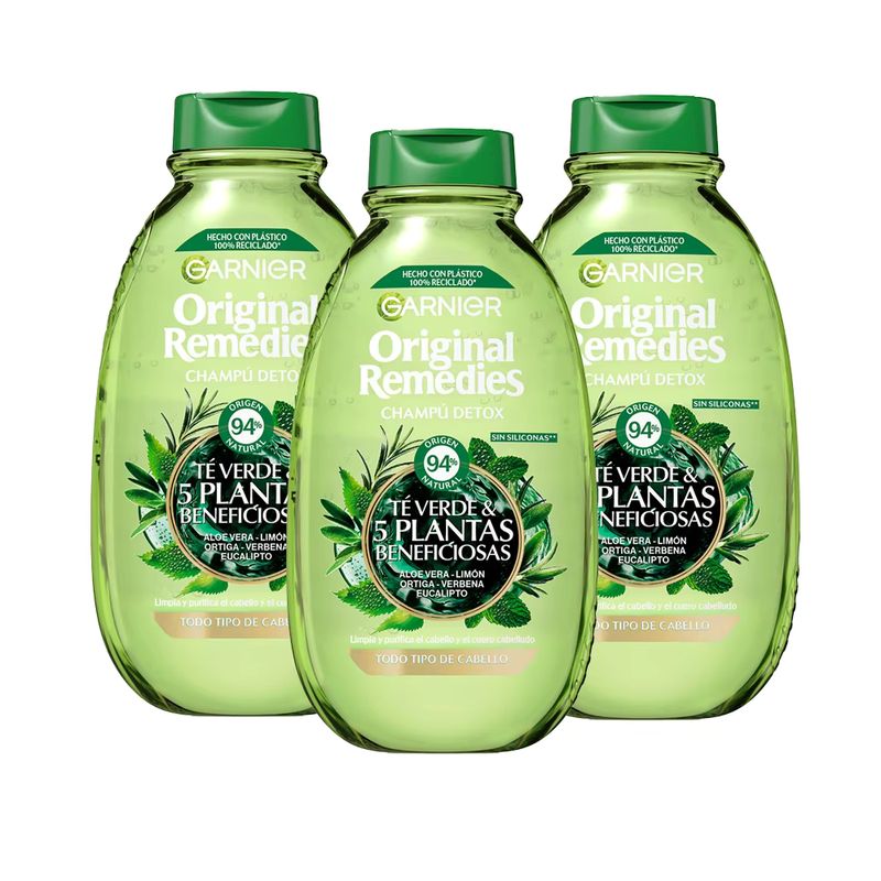 3x Garnier Original Remedies Champú Detox Té Verde 3x400 ml