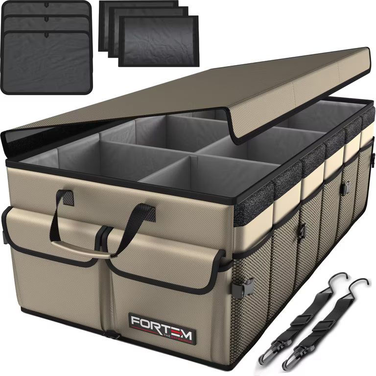 Imagen relacionada con FORTEM Organizador Maletero Coche - Caja Maletero Coche Plegable con Base Antideslizante y Correas Ajustables - Accesorios Coche 85L