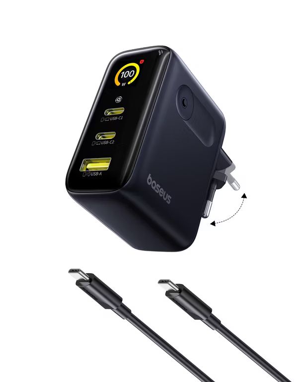 Imagen relacionada con Baseus Picogo Cargador USB C de 100 W, Smart Display & Touch Control, 3 en 1 Carga Rápida,GaN avanzada, MacBook, iPhone 17/16/15/14,