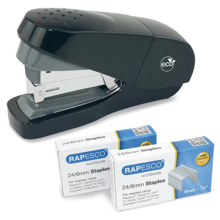 Imagen relacionada con Rapesco 1688 ECO, Grapadora, Grapado Plano, 2000 Grapas Tipo 24/6 mm, Negro, Esfuerzo Reducido, Flat Clinch, Capacidad 35 Hojas