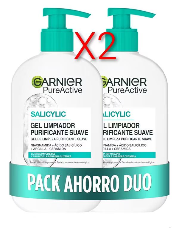 Imagen relacionada con X2. Garnier Pure Active Pack x2 Gel limpiador Purificante con Ácido Hialurónico, Ceramida y Arcilla,Impurezas, Grasa y Maquillaje, 2 x 250ml