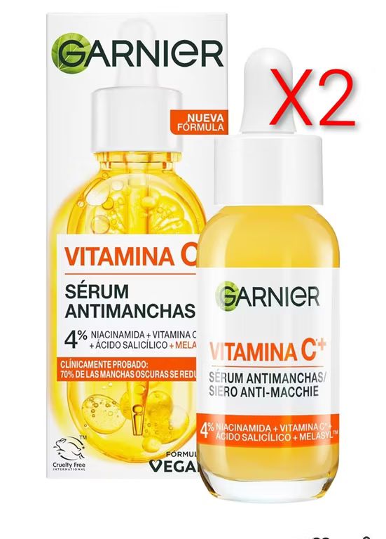 Imagen relacionada con X2. Garnier Vitamina C Sérum AntiManchas Pieles Sensible 4% Niacinamida, Vitamina C, Ácido Salicílico y Melasyl, Reduce el 70% de Manchas