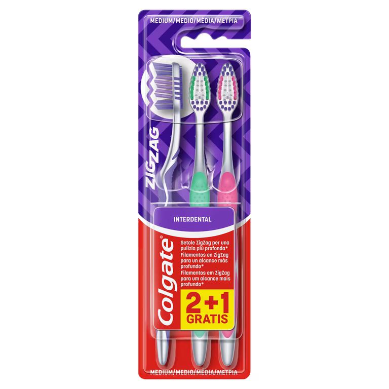 Imagen relacionada con 2 X Colgate ZigZag, Cepillo de Dientes Cepillo de dientes manual medio, Filamentos cruzados multidimensionales, Limpiador de lengua incluido
