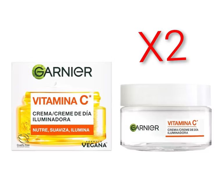 Imagen relacionada con X2. Garnier, Crema de Día Iluminadora con Vitamina C, Corrige líneas y Potencia la luminosidad en 24H, Fórmula Vegana, 50 ml