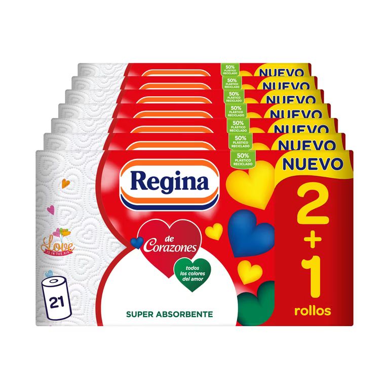 Imagen relacionada con Regina de Corazones Papel Cocina - 21 Rollos, Máxima Absorbencia En Cada Hoja, 58 Hojas De 2 Capas Por Rollo, Color Decorado, Rollo grande