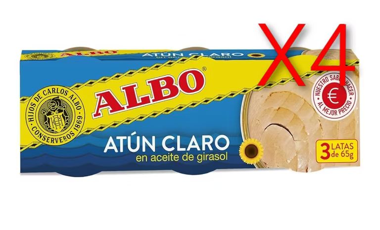 Imagen relacionada con X4. ( TOTAL 12 Latas)( El pack de 3 sale a 1,95€) Albo Conserva de Atún Claro en Aceite de Girasol, Pack 3 Latas x 65 g