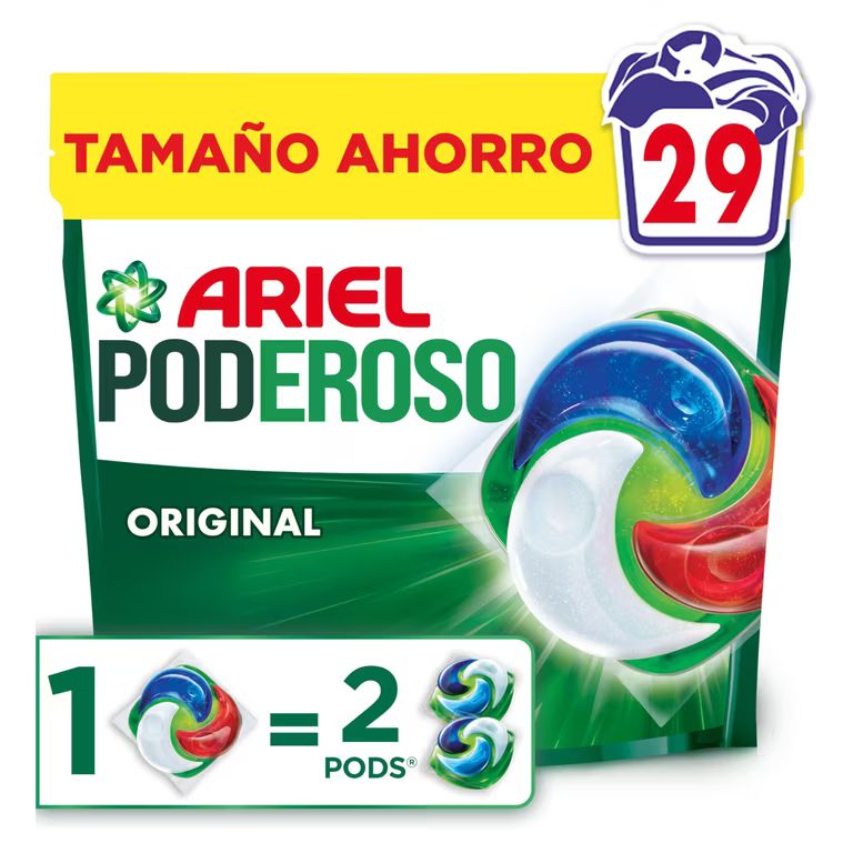 Imagen relacionada con Ariel Pods PODEROSO Detergente lavadora capsulas | 29 Lavados | Original | POD GRANDE = 2 PODS