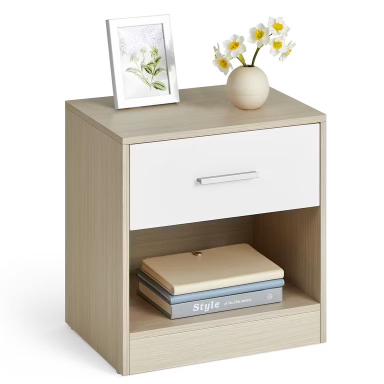 Imagen relacionada con VASAGLE Custos Colección - Mesita de Noche, Mesa Auxiliar con Cajón, Asa, Compartimento Abierto, Beige Natural y Blanco Clásico