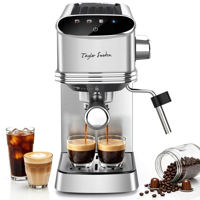 Imagen relacionada con Taylor Swoden Cafetera Espresso 20 Bares, 1450w para Café y Cápsulas, Inox | Función Memoria, LED Touch Pantalla, Agua Caliente, Autolimpieza y Diseño Compacto, Depósito de 1.3 L, Cafetera Capsulas
