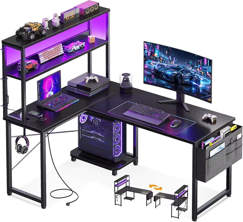 Imagen relacionada con Coleshome Escritorio Gaming en L con LED y Enchufes, 110 × 80 cm Escritorio Gamer Reversible con Estantes, Escritorio Esquinero con Bolsa de Almacenamiento y Gancho para Jugadores, Negro