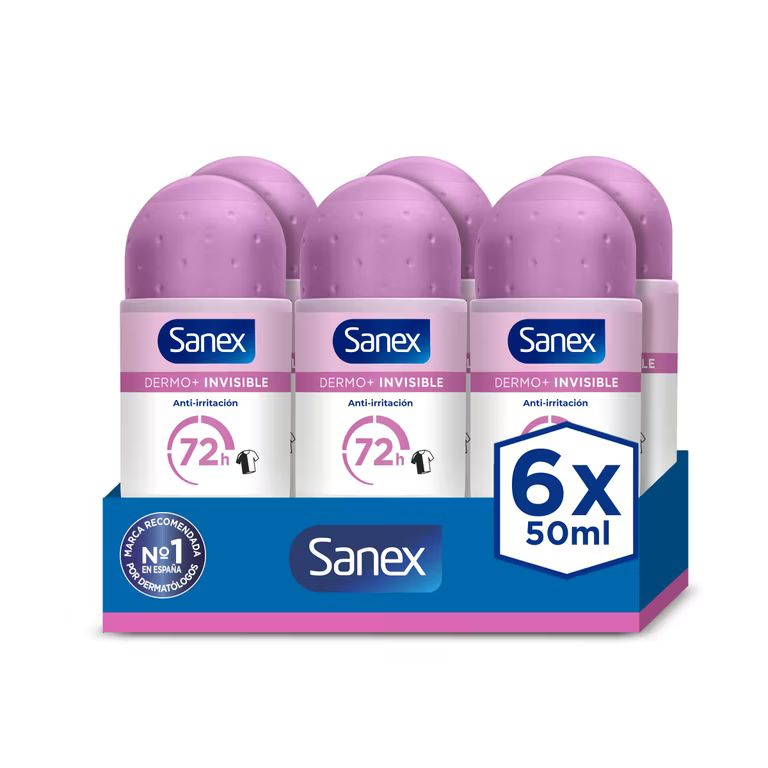 Imagen relacionada con Sanex Dermo+ Invisible Desodorante Antitranspirante Roll-On 72 Horas 6 X 50ml – proteccióncontra el sudor y el mal olor – protege de manchas