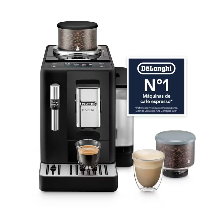 Imagen relacionada con De’Longhi Rivelia Perfetto Cafetera Superautomática, Espumador Leche manual,8 Bebidas One-Touch, Pantalla Táctil a Color,