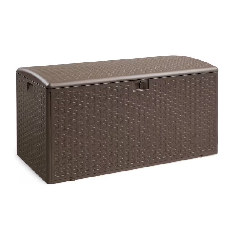 Imagen relacionada con Amazon Basics Arcón para exteriores, caja de almacenamiento, 375 l, marrón
