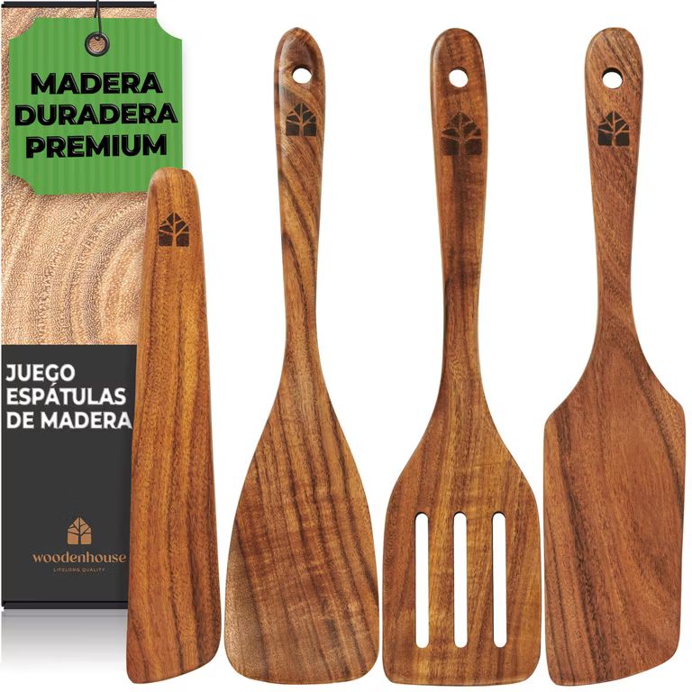 Imagen relacionada con Espátulas Madera para Cocinar, Juego de 4, Pala Volteadora y Raspador | Set de teca duradera, apta para sartenes antiadherentes