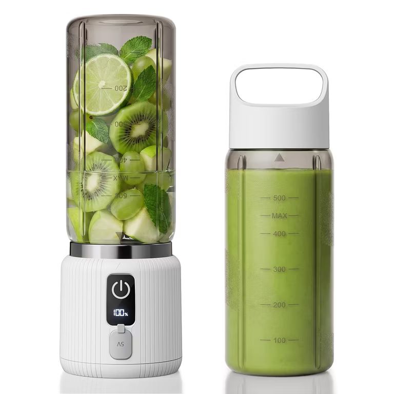 Imagen relacionada con Batidora portátil pequeña máquina con indicador LED, USB-C, 500ml con 8 cuchillas, mezclador recargable de 22000RPM