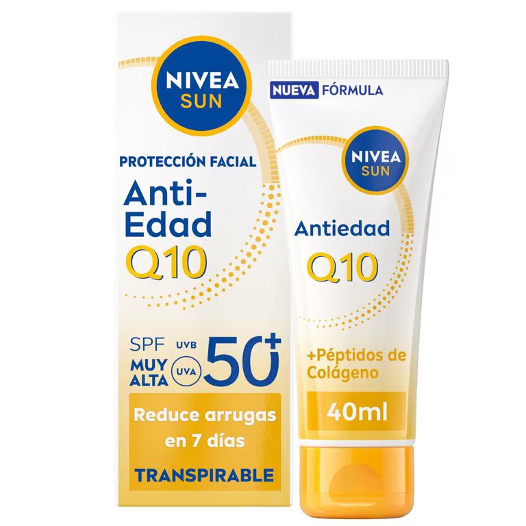 Imagen relacionada con 2 x NIVEA SUN Q10 Protección Solar Facial Antiedad Transpirable SPF50+ 40 ml