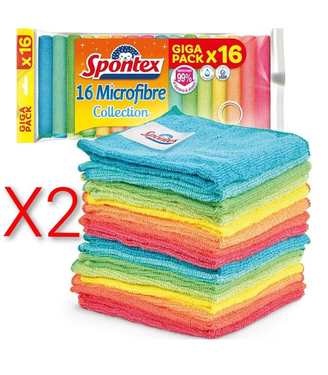 Imagen relacionada con X2.( Total 32 Unidades) Spontex Paños de microfibra para limpieza | 16 bayetas Microfibre Collection,como trapos del polvo y paños de cocina