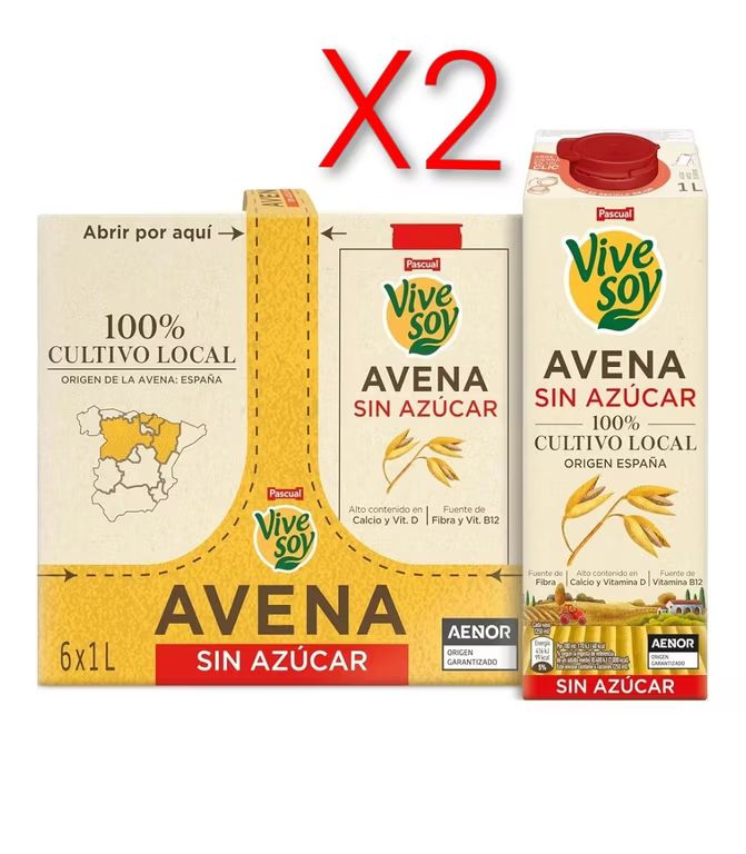 Imagen relacionada con X2. ( 12 Unidades ) Vivesoy - Bebida Vegetal de Avena Sin Azúcar 100% Cultivo Local - Pack 6 x 1L