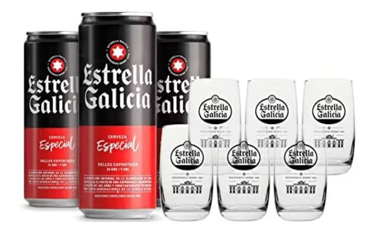 Imagen relacionada con Estrella Galicia Especial Juego de Vasos Pack Combinado Cerveza Estrella Galicia Especial de 24 Latas x 33 cl, Alc 5,5% Vol 6 Vasos de Caña