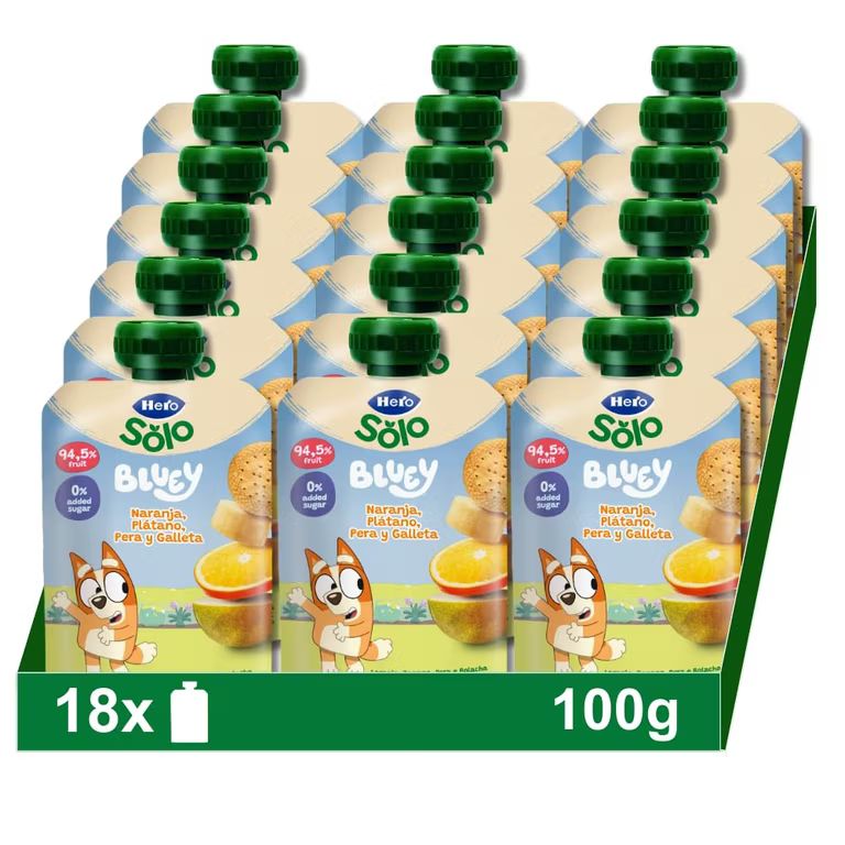 Imagen relacionada con Hero Bolsitas Naranja Plátano Pera y Galleta Desde 6 Meses, 18 x 100 g. Merienda de fruta natural,Sin aceite de palma, ni azúcares añadidos