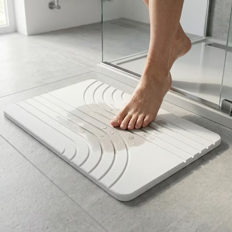 Imagen relacionada con Lynna Alfombra Diatomita Baño – Secado Rápido y Antideslizante. Color blanco y gris