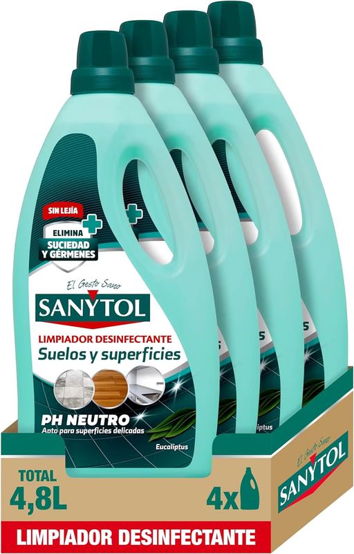 Imagen relacionada con 4x Sanytol – Botella Desinfectante Limpiahogar, Elimina Bacterias, Hongos y Virus Sin Lejía, Perfume Eucaliptus - Pack de 4 x 1.200 ML = 4,8L