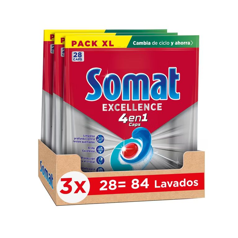 Imagen relacionada con Somat Excellence 4 en 1 Pastillas (3 x 28 tabs), detergente lavavajillas que elimina los residuos quemados