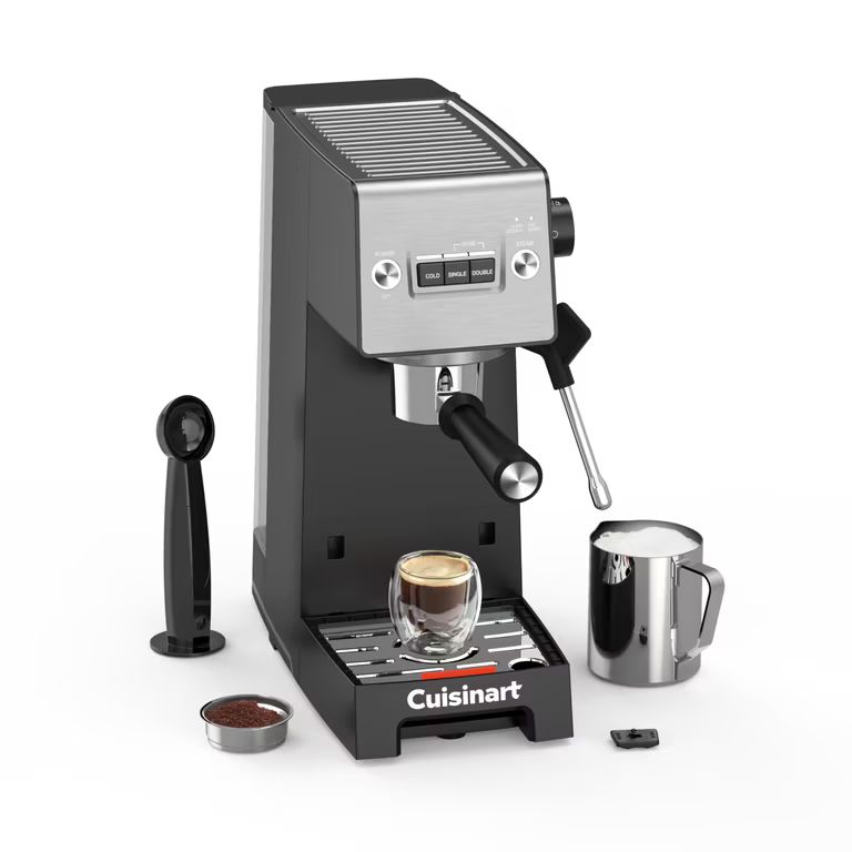 Imagen relacionada con CUISINART Máquina de Espresso Slim | Espresso, Americano, Cold Brew | Vaporizador de leche | 15 bares | Portafiltro sin fondo | +Accesorios