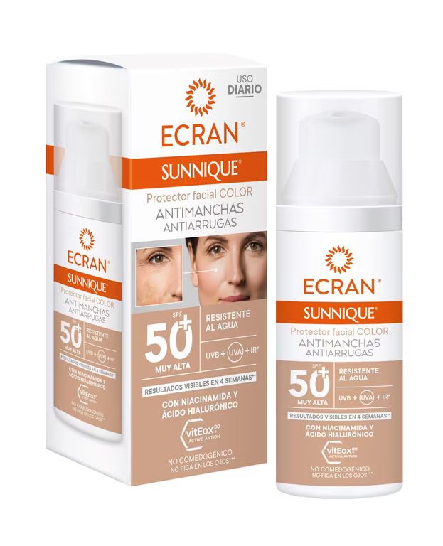 Imagen relacionada con ECRAN SUNNIQUE – Protector Facial SPF 50+ Antimanchas Antiarrugas con Color, con Niacinamida y Ácido Hialuronico - 50 ml