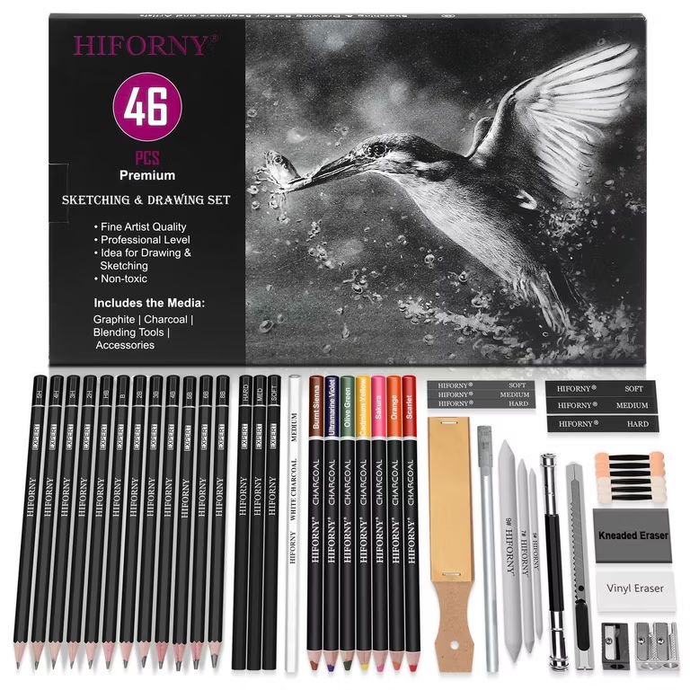Imagen relacionada con Juego de 46 lápices de dibujo para bocetos, con lápices de carbón de colores, grafito, carbón, accesorios, kit de dibujo