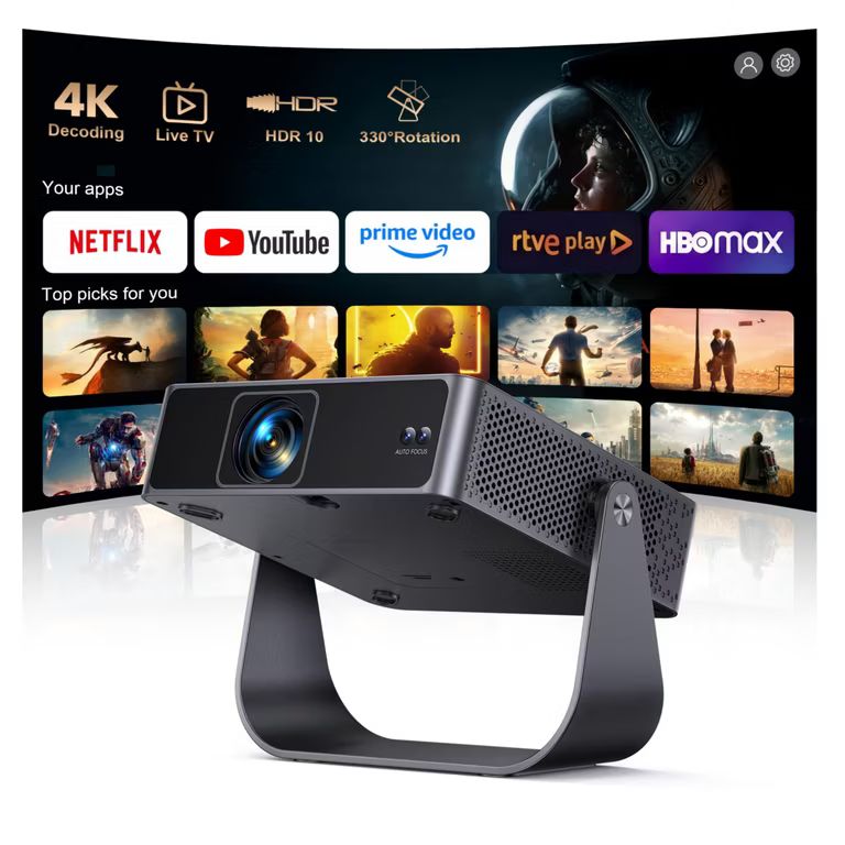 Imagen relacionada con Proyector Portatil 1080P Nativo【Netflix Ready+TV Directo】App Integrada / Auto Focus/Keystone, con HDR10, Giro 330°, WiFi, Bluetooth