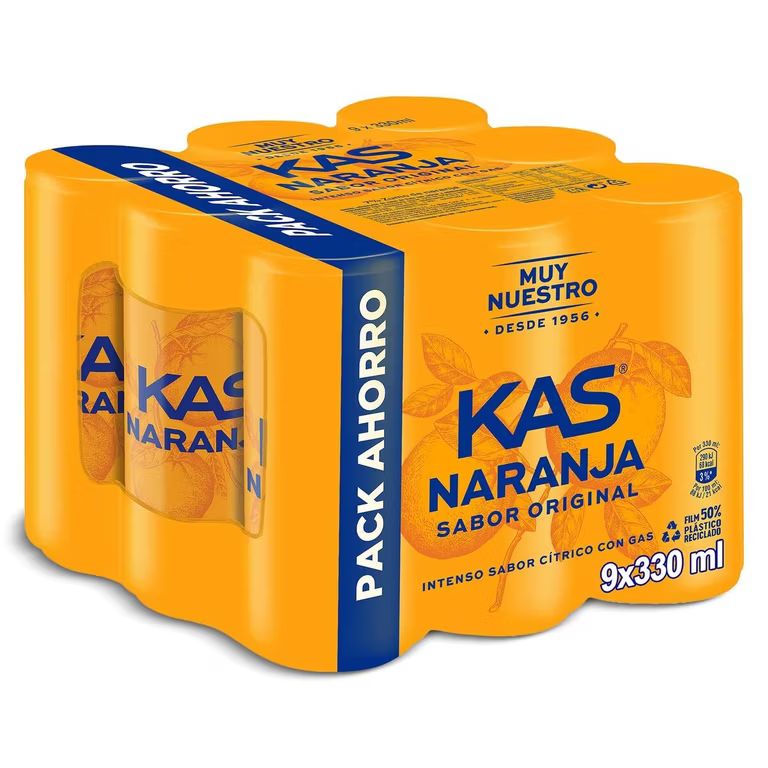 Imagen relacionada con Kas naranja Refresco con zumo de naranja, pack de 9 latas de 330 ml, 2.97 litros en total