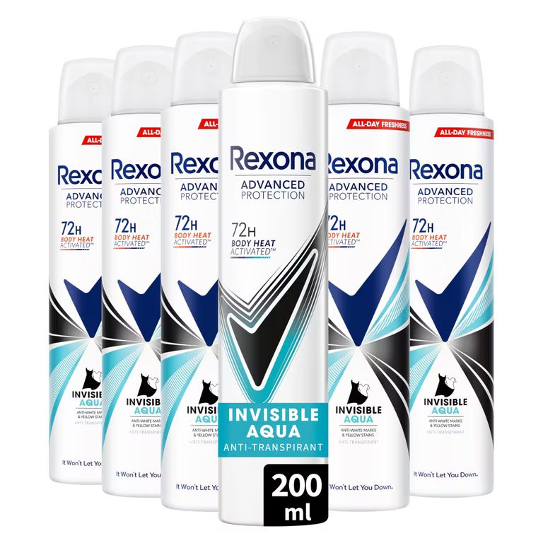Imagen relacionada con COMPRANDO 2 Rexona Desodorante Aerosol Advance Protection Invisible Aqua 72 h para mujer 200 ml - Pack de 6