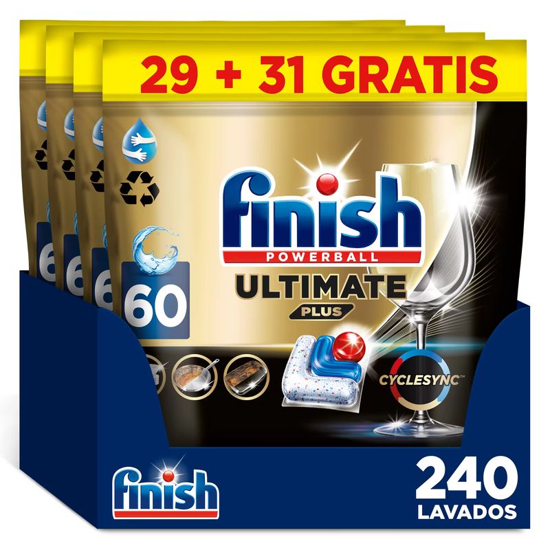 Imagen relacionada con 60x Finish Powerball ULTIMATE PLUS ALL IN 1 x60 x120 x180 x240 Pastillas para Lavavajillas, Limpieza Intensiva, Elimina Restos Quemados, Brillo Diamante, Cuida y Protege