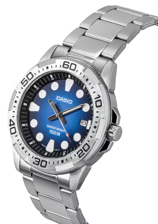 Imagen relacionada con Casio MTD-140D-2AVDF – Esfera Azul, Acero Inoxidable, WR 100M, Brazalete Acero, Fecha