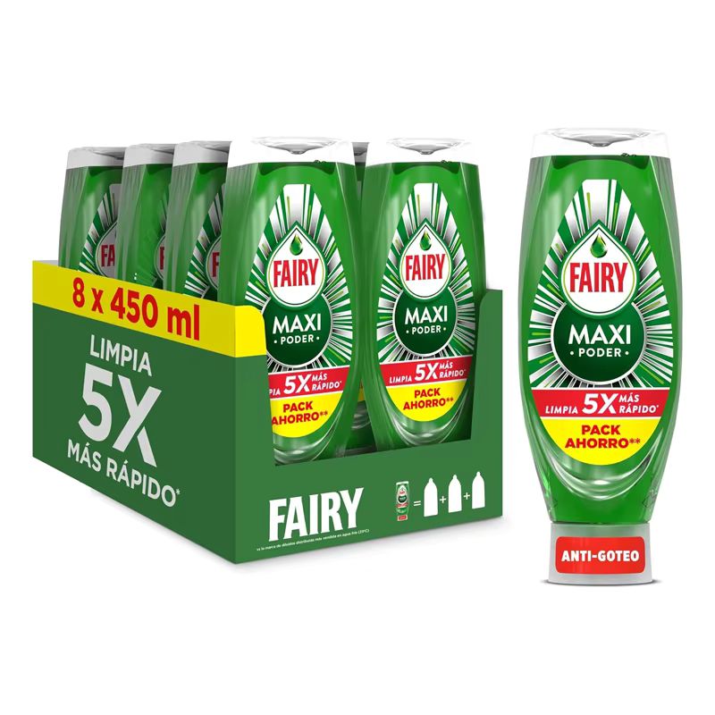 Imagen relacionada con 8x Fairy Maxi Poder Lavavajillas Liquido a Mano, 3,6 L (8 x 450 ml), Con Poder Antigrasa, Limpieza Facil Platos, Ollas Y Sartenes Mas Grasientas