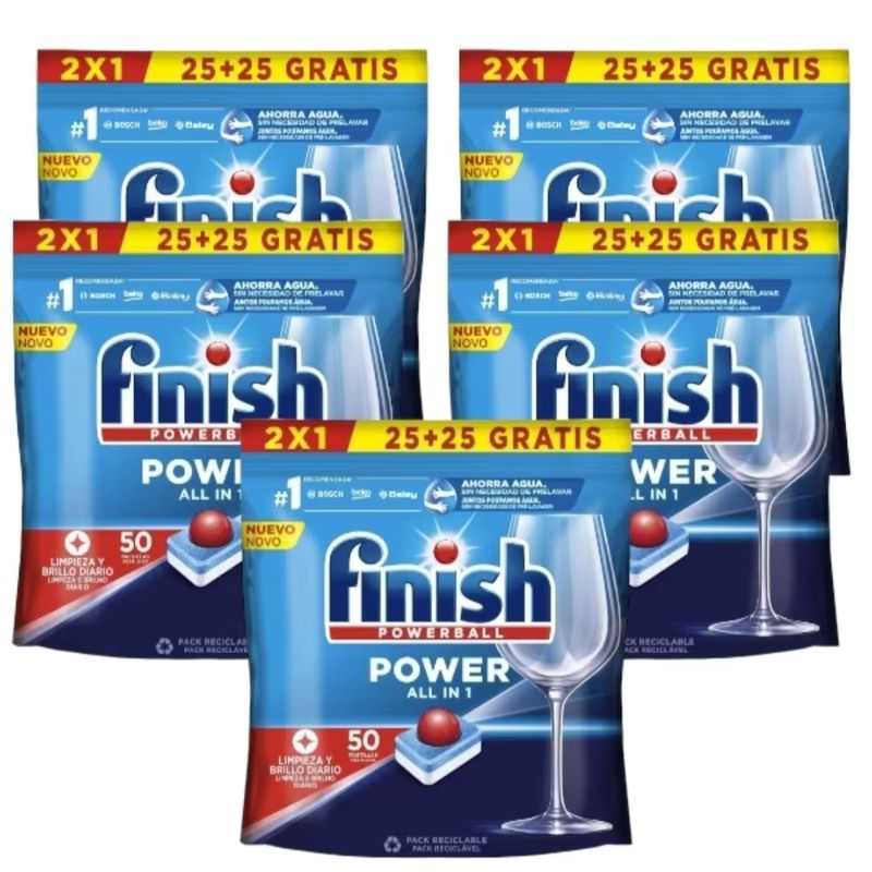 Imagen relacionada con 2x Finish Power All in 1 - Pack de 5 Paquetes De 25+25 (250) Pastillas o Pack De 2 Paquetes De 25+25 (100) Pastillas para lavavajillas sin fosfatos, con potente Powerball para eliminar las manchas de grasa más difíciles.