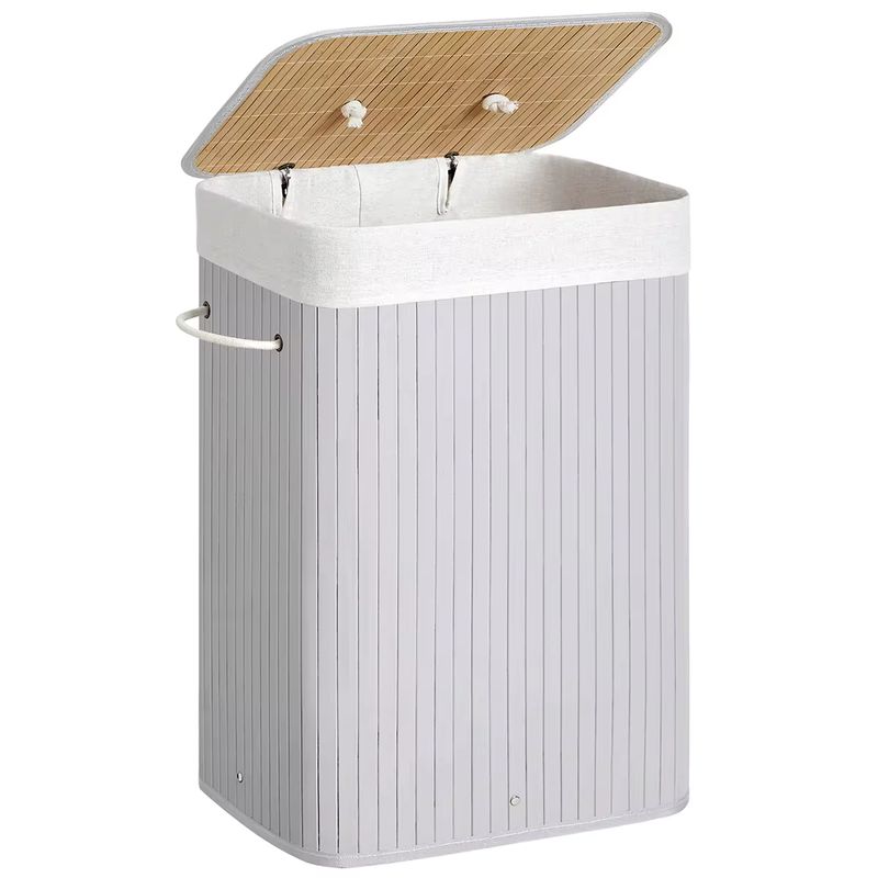 Imagen relacionada con SONGMICS Cesto de la Ropa Sucia con Tapa, 72 L, Cesto de Lavandería de Bambú, Plegable, con Bolsa Lavable Extraíble, Asas, para Lavandería, Dormitorio, Gris/Natural/Negro/Blanco