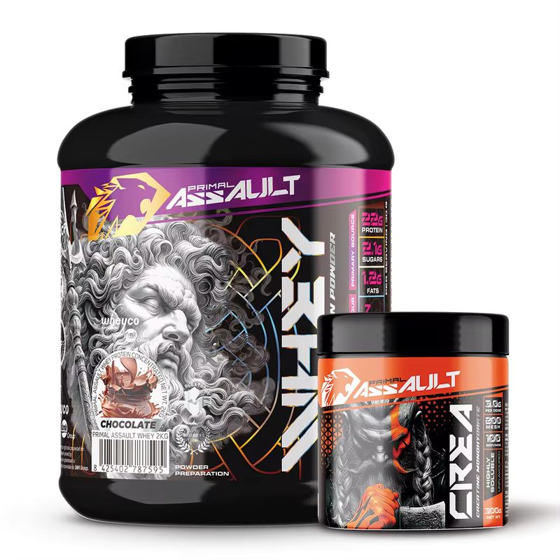 Imagen relacionada con PRIMAL ASSAULT | Pack de Proteina WHEY 2KG + Creatina en Polvo Sin Sabor 300g