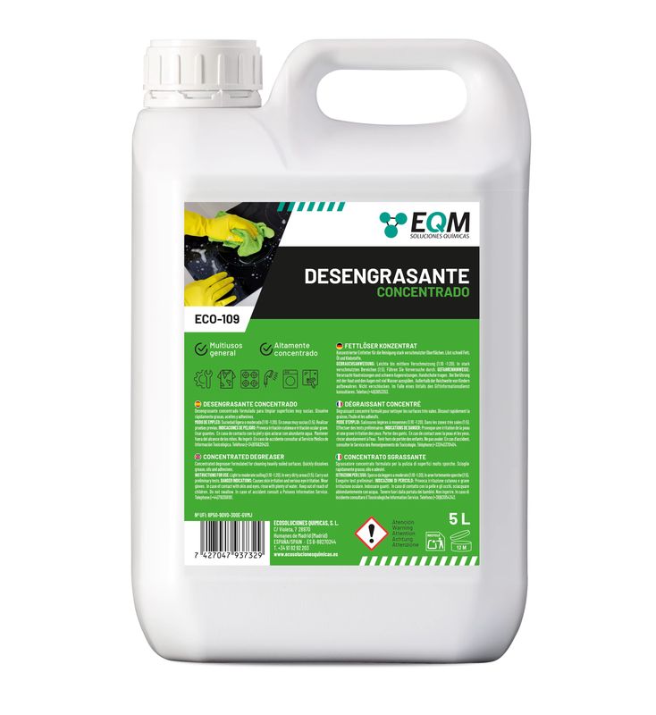 Imagen relacionada con EQM - ECO-109 - Desengrasante Concentrado Enérgico - 5L - Limpieza cocinas, motores, maquinaria, suelos, talleres, quitagrasas