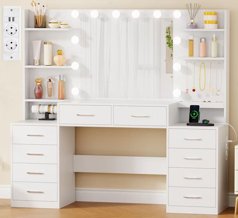 Imagen relacionada con BEWISHOME 150cm Tocador de Maquillaje con Luz LED y Enchufes, Blanco | Brillo Ajustable, Tocador con Espejo Joyero, Tocador con 10 Cajones