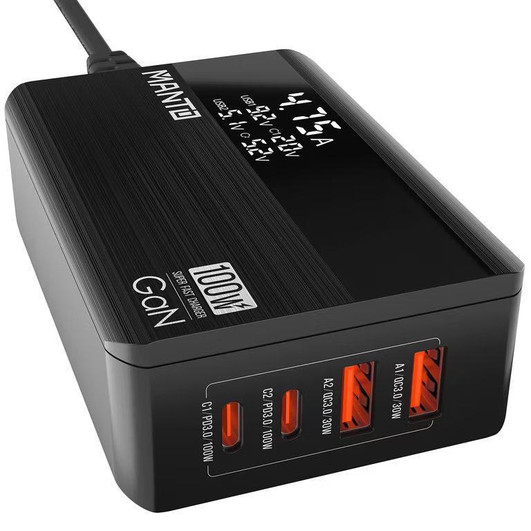 Imagen relacionada con MANTO Cargador USB C 100W GAN con Pantalla LED, Cargador Rápido con 2 Puertos Tipo-C + 2 Tipo-A